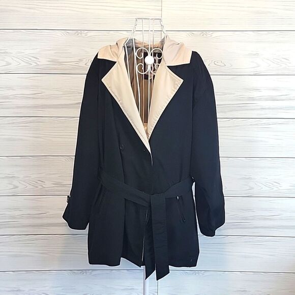 CS Signature double-breasted trenchcoat - black & tan Women's Size L - Picture 1 of 11
